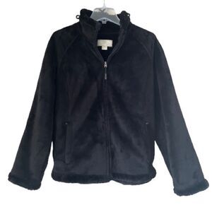 Green Tea Woman Black High Pile Fleece Zipper Front Long Sleeve Teddy Jacket  XL